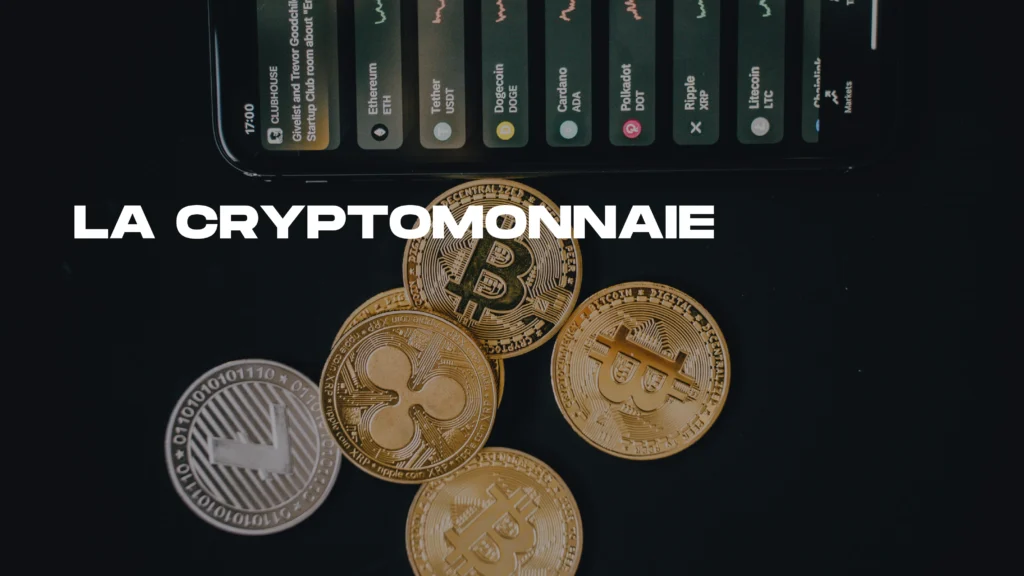 un image montrant un téléphone avec des notifications et des pièces de cryptomonnaie